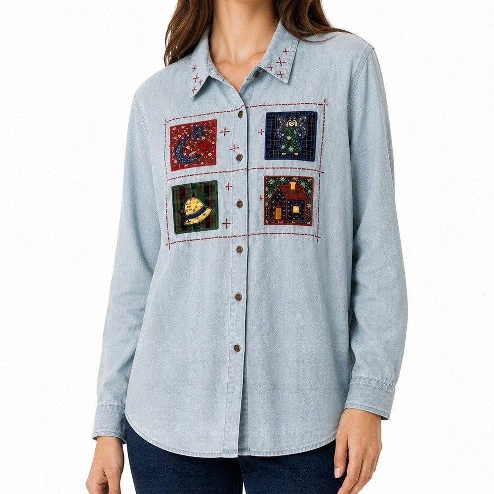 Karen Scott Womens L Blue Cotton Christmas Embroidered Button Down Shirt Vintage